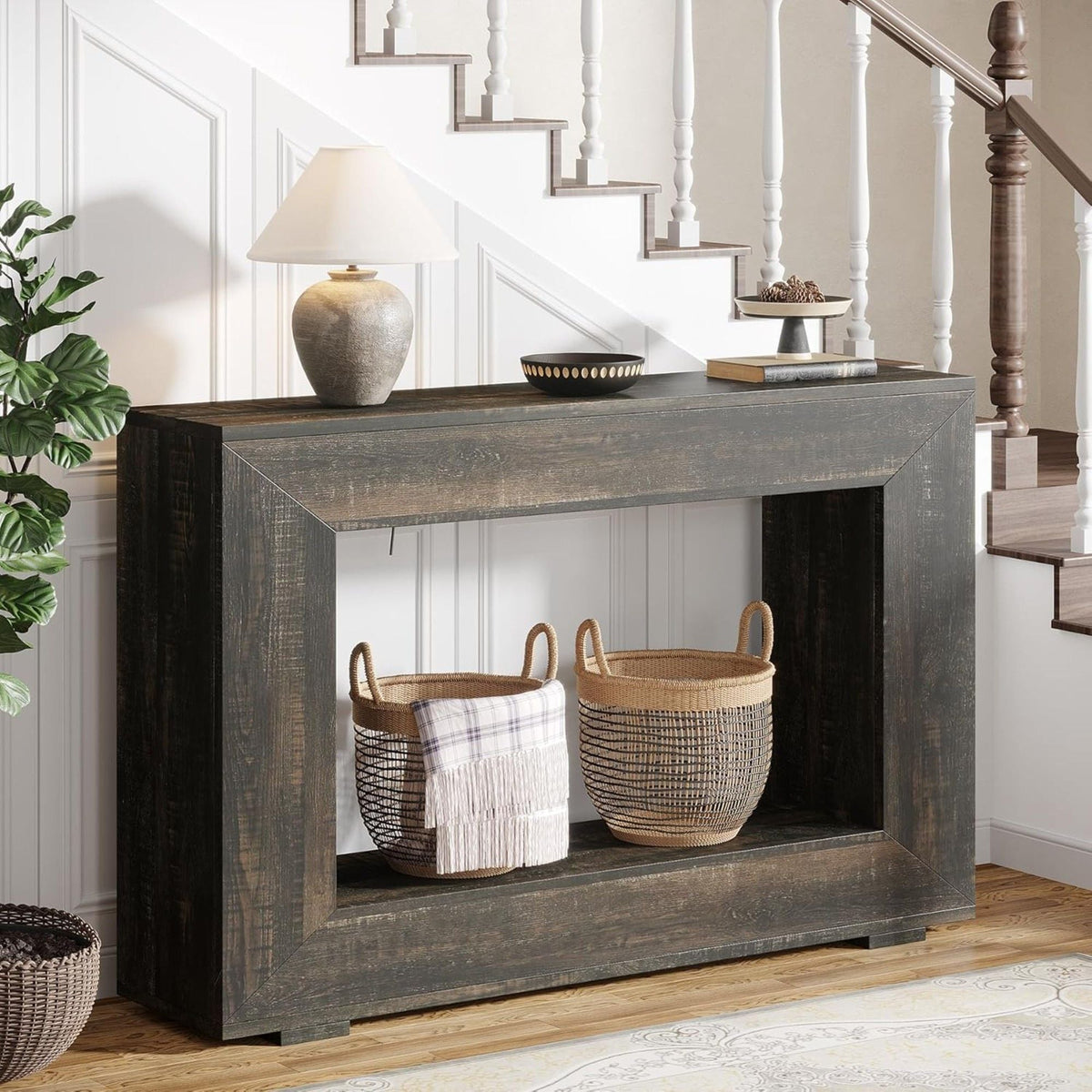 Narrow Entryway Storage Console Table with Open Shelf - Black, Dark Gray, Light Brown