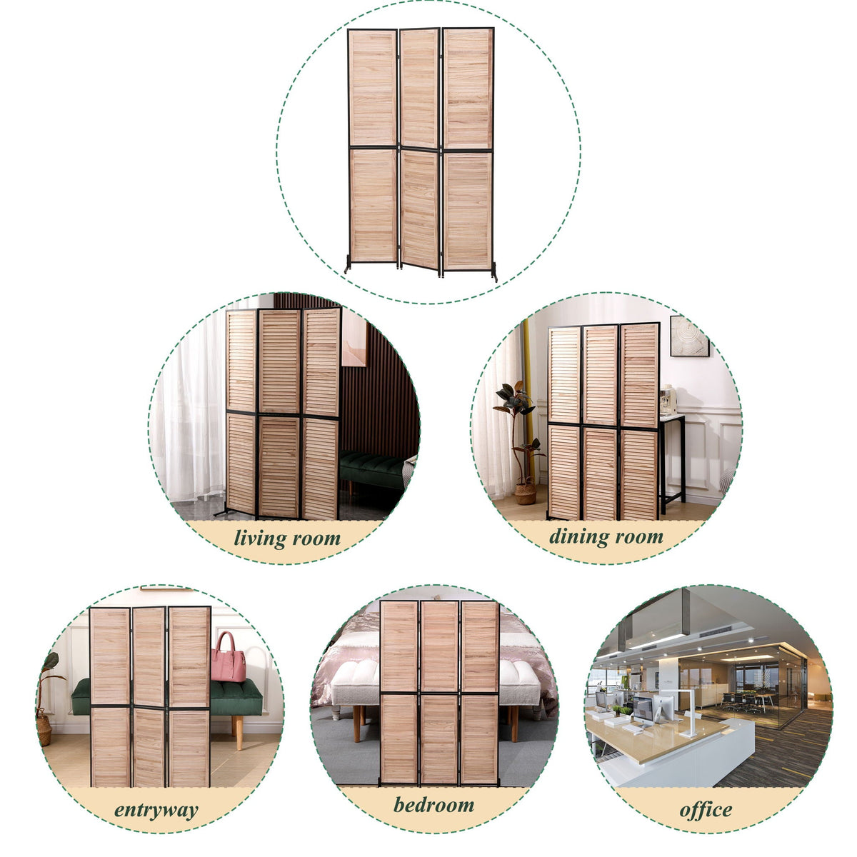 Rustic 3 Panel Room Divider with Metal Frame - Black or Light Brown