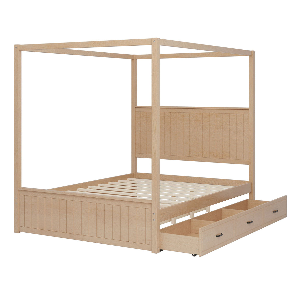 Canopy Platform Bed with Trundle and 3 Storage Drawers - Queen, Solid Pine