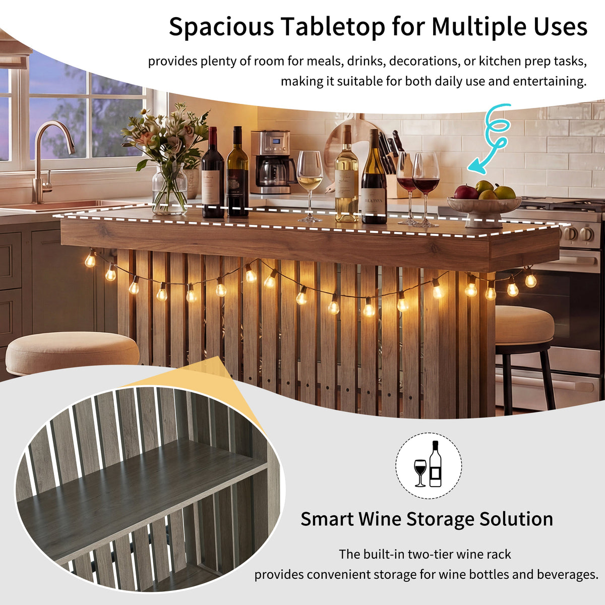 3-in-1 Sideboard Table with Wine Storage - Marble-Grain MDF