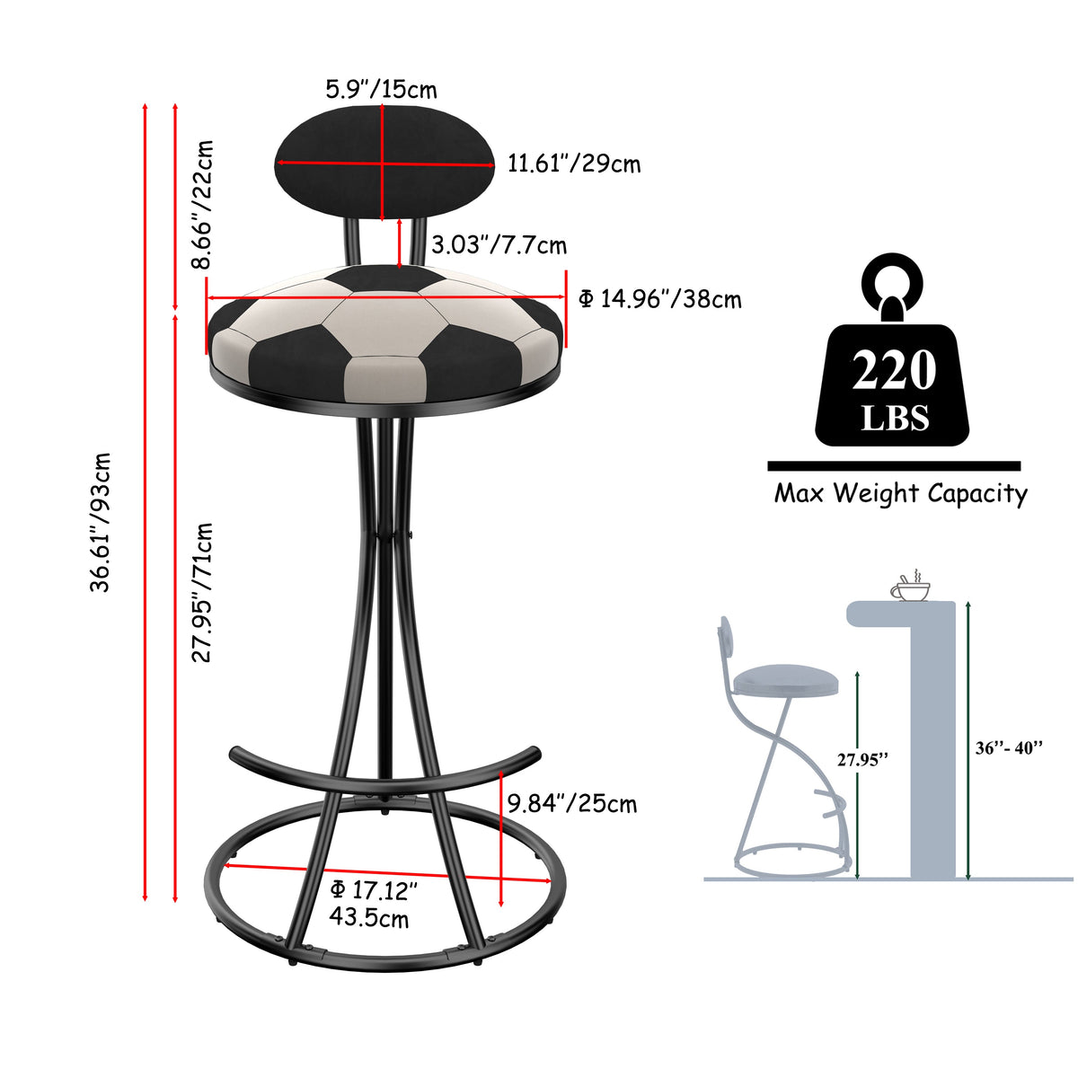 Upholstered S-shaped Barstools Set of 2 with Velvet Football Print - Black