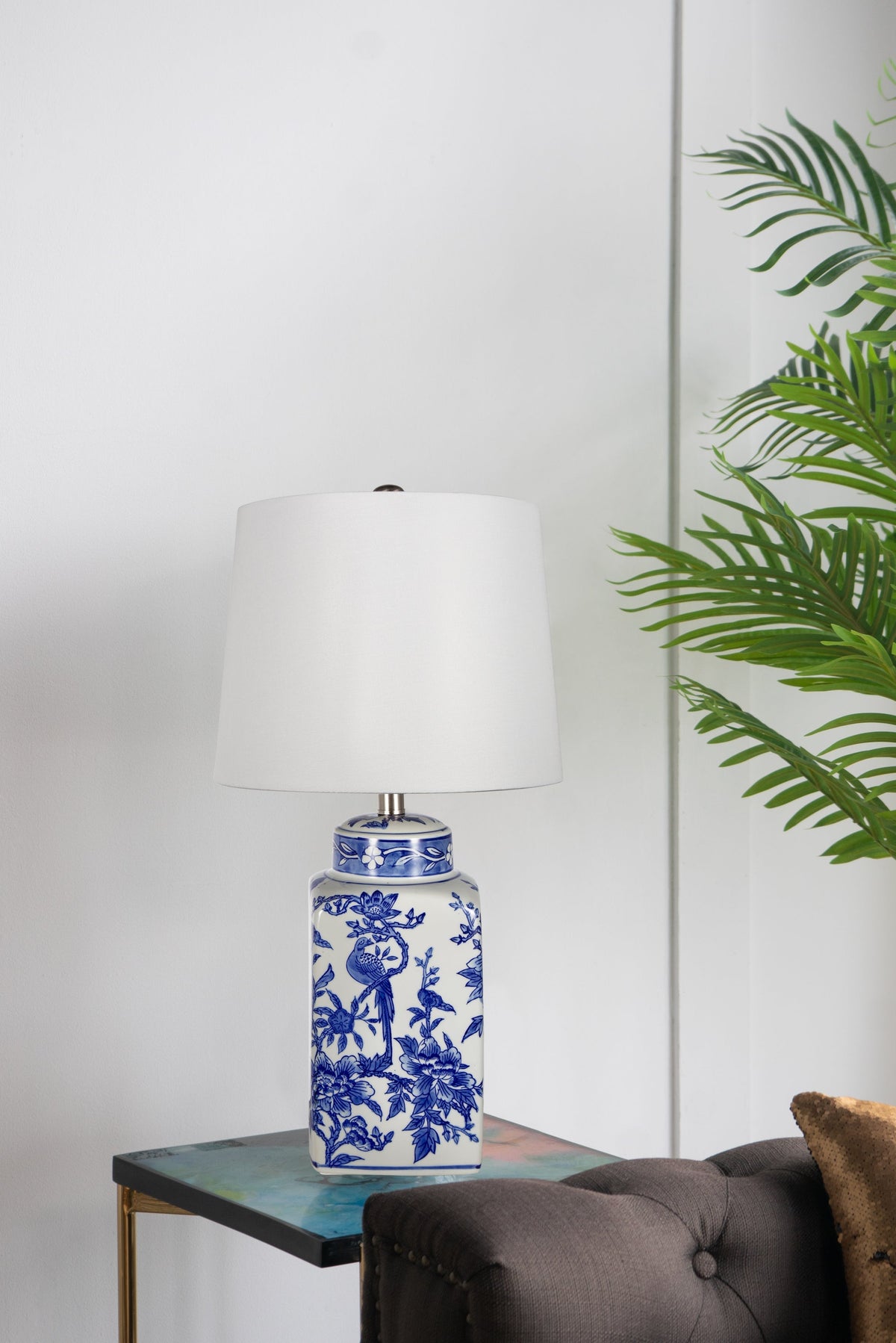 Blue and White Ceramic Vase Table Lamp with Linen Shade - White + Blue