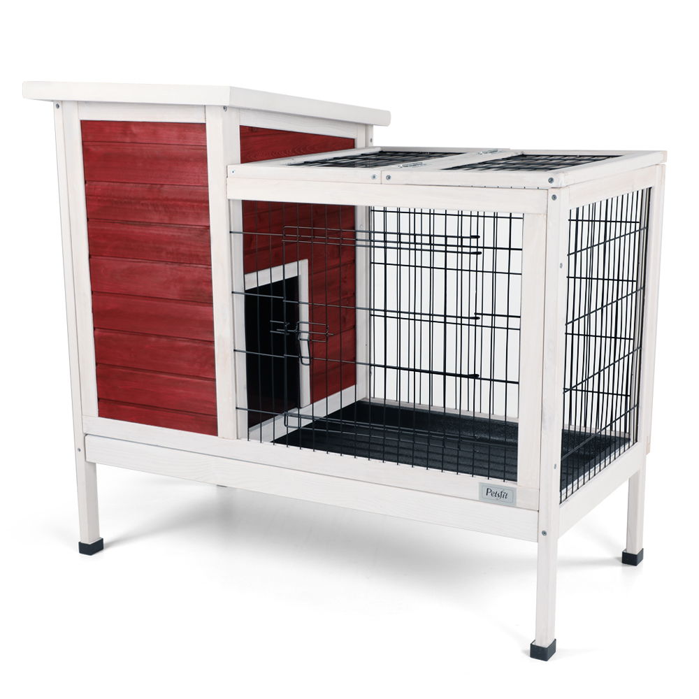 Two Tier Wooden Rabbit Cage with Leak-Proof Plastic Tray – Dark Gray or Red