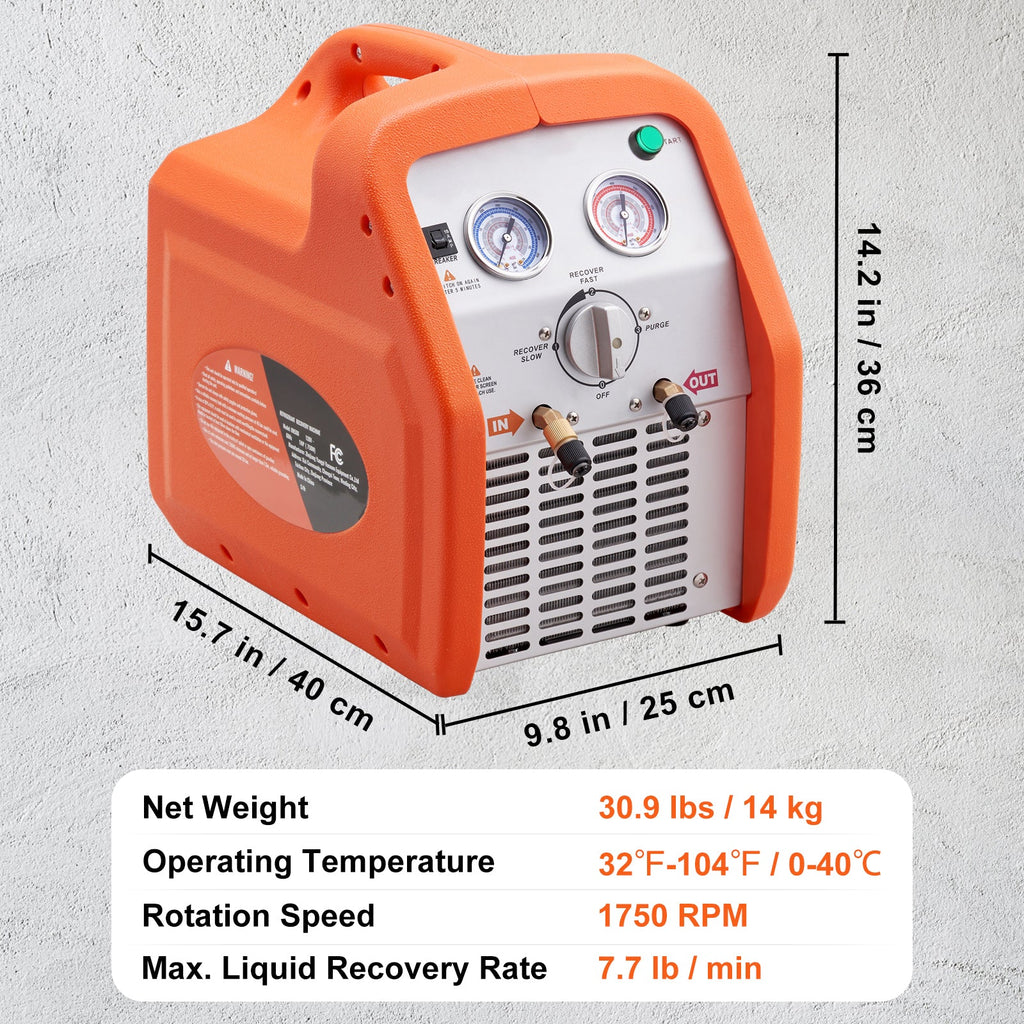1 HP Refrigerant Recovery Machine with Dual Cylinder – Orange