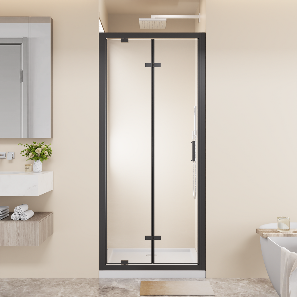 Framed Bi-fold Pivot Shower Door with Tempered Glass - Clear