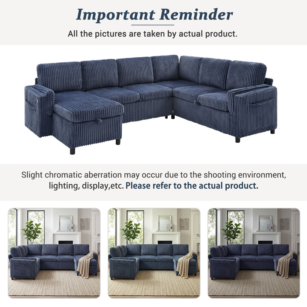 Convertible U-Shaped Sectional Sofa Bed with USB Ports and Storage – Black, Dark Gray, Blue