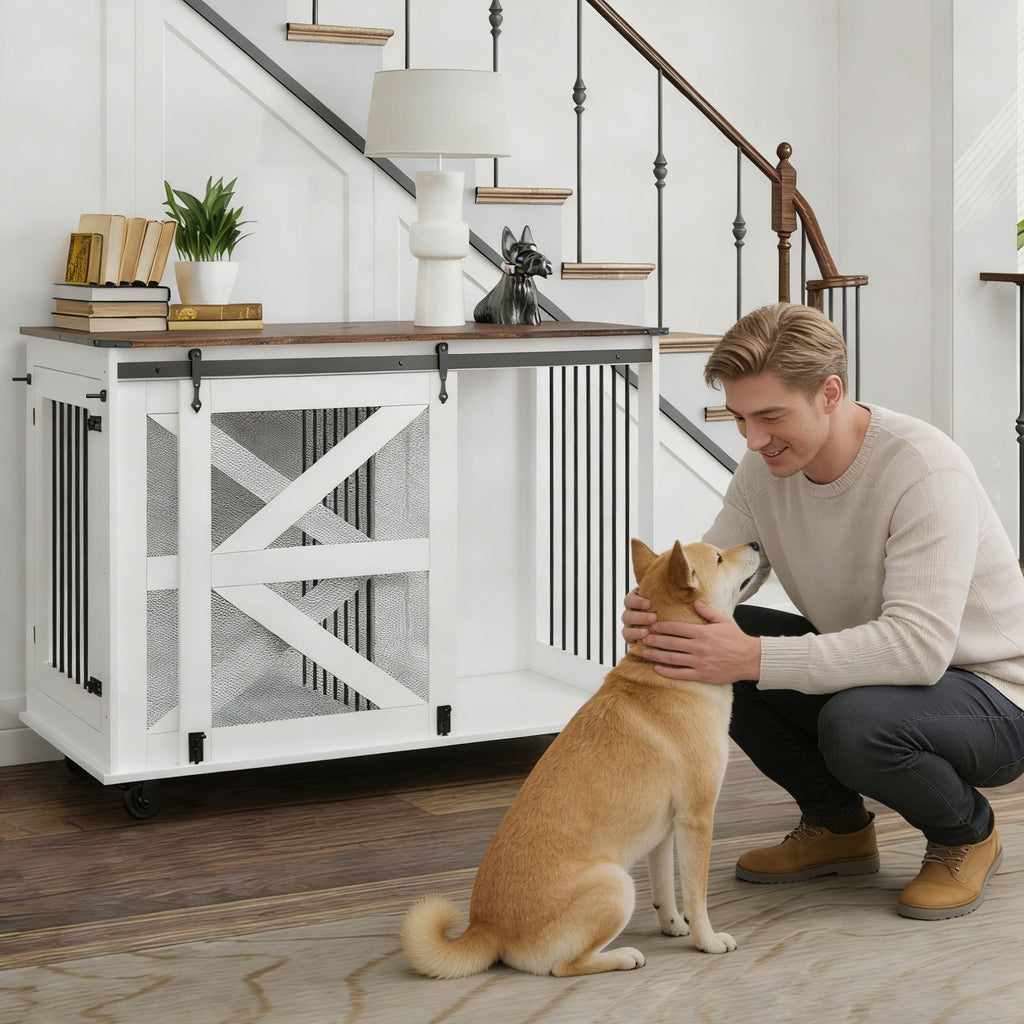 Mobile Dog Crate With Flip Top Feeding Door, Dual Access & 5 Caster System