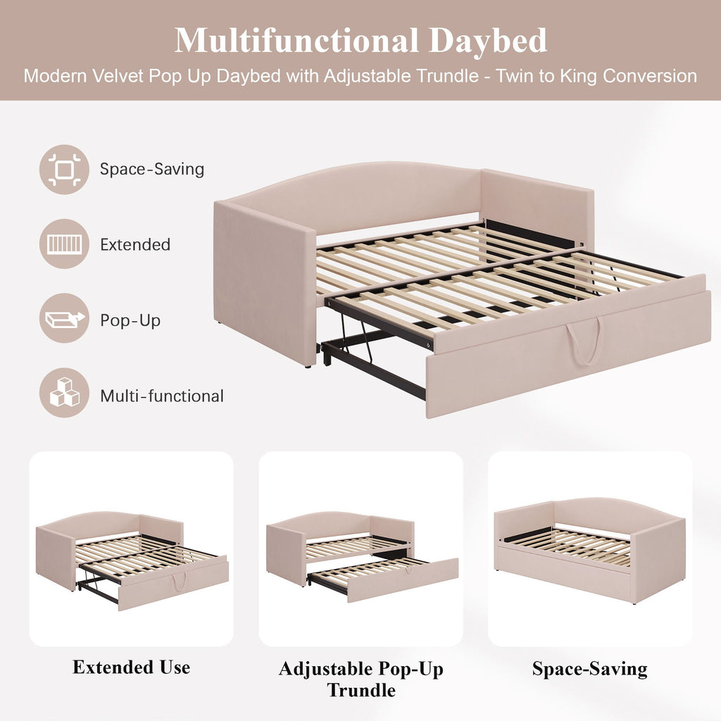 Upholstered Daybed With Pop Up Trundle Sofa Bed - Space Saving, Durable Frame - Gray or Pink
