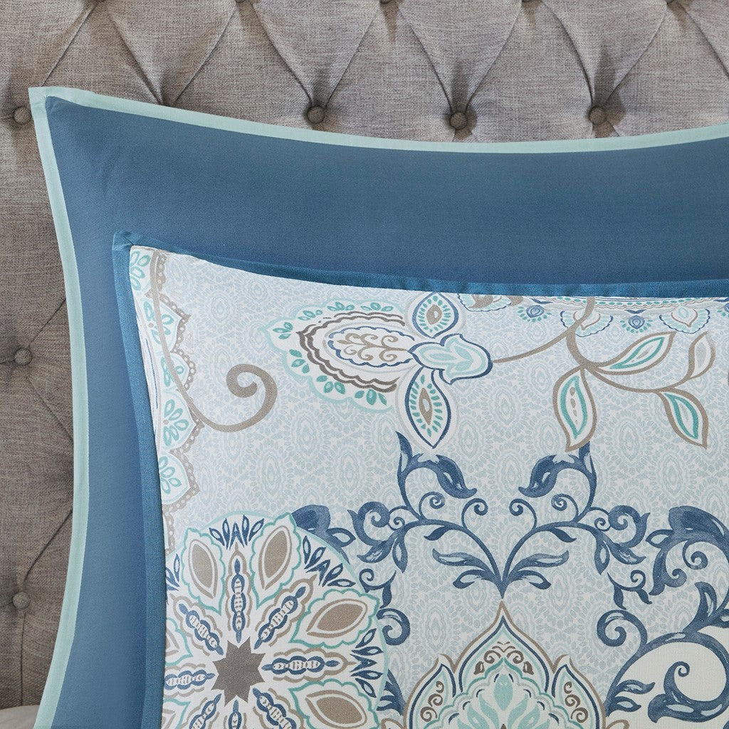 8 Piece Cotton Floral Reversible Comforter Set with Decorative Pillows - Blue