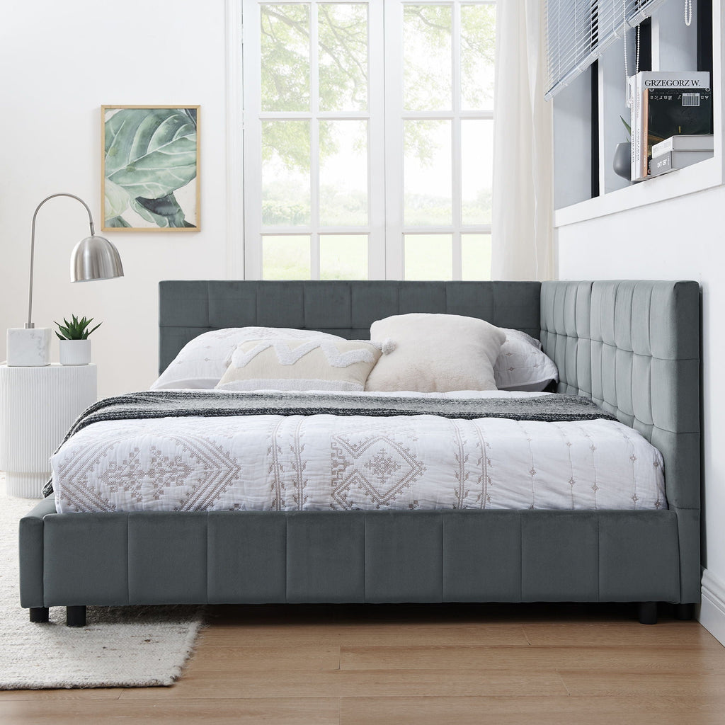 Mid-Century Storage Upholstered Tufted Bed Frame with Backrest and Armrests - Multiple Colors