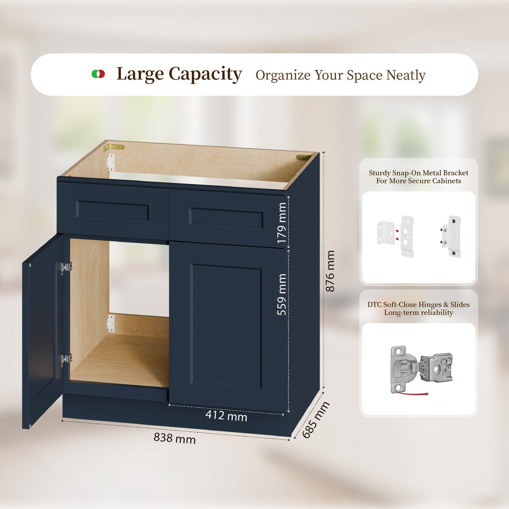 Shaker RTA 33" Kitchen Sink Base Cabinet with Double Doors - Navy Blue