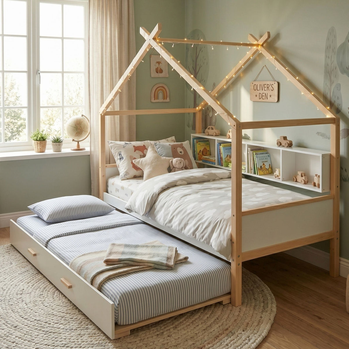 House Bed With Bookshelf Storage and Integrated Shelves - White