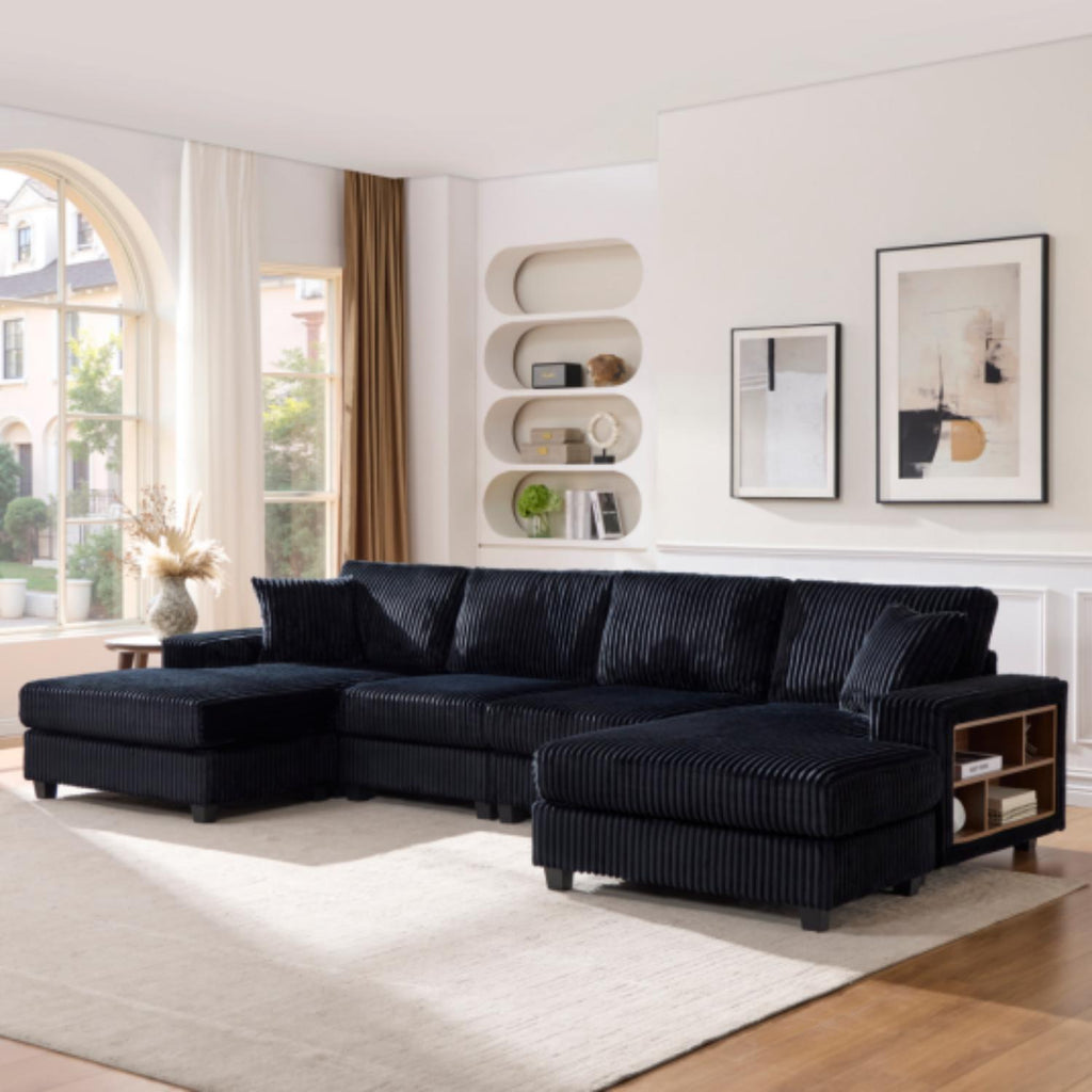 U-Shaped Convertible Sofa, 4 Seater Sectional with Storage Armrests - Multiple Colors