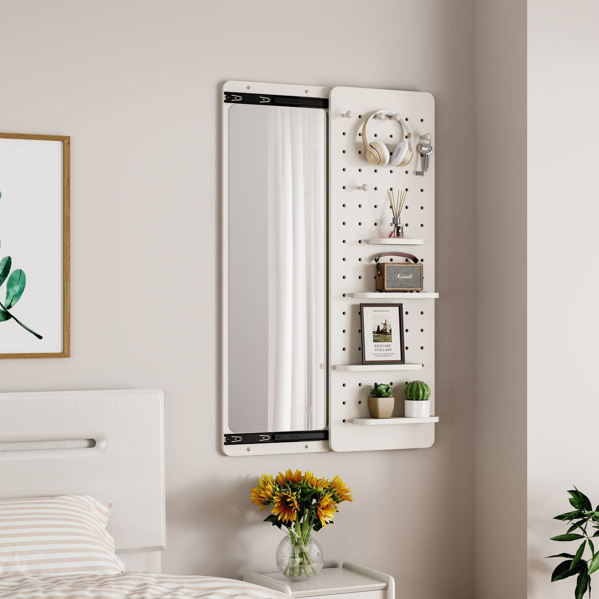 Full Length Wall Mounted Mirror with Shelf and Hook - Dark Brown, White, or Light Brown