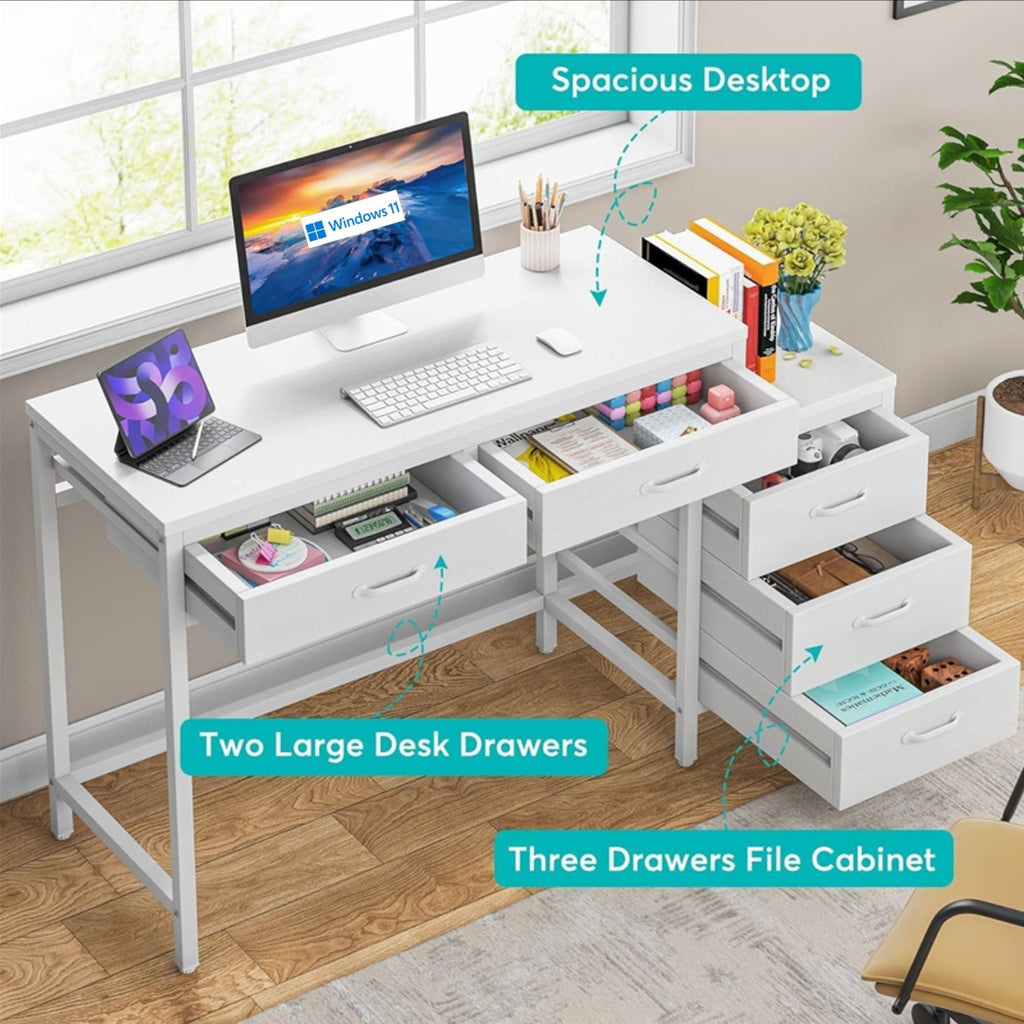 Computer Desk with Reversible 5 Drawer Storage - White or Light Brown