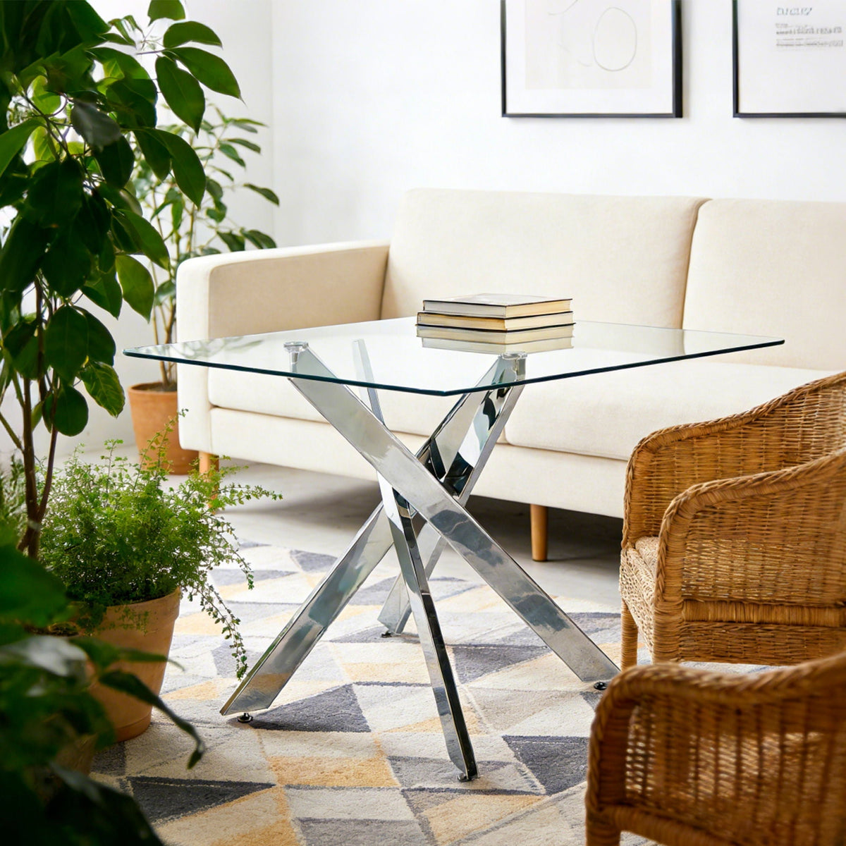 Modern Tempered Glass Dining Table with Cross Metal Legs - Multiple Colors