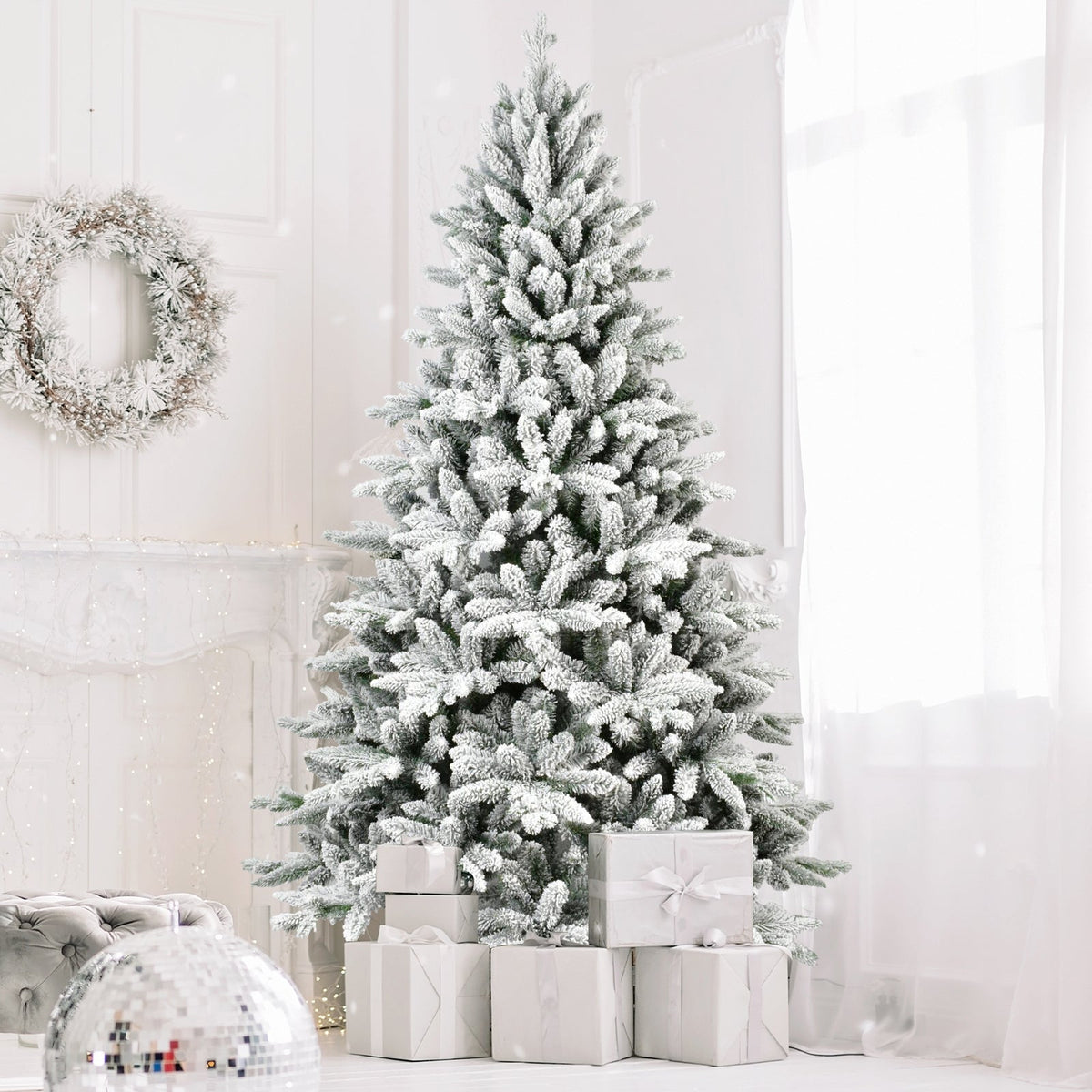 6ft Snow-Flocked Pre-Lit Christmas Tree with 1100 PE+PVC Tips - White