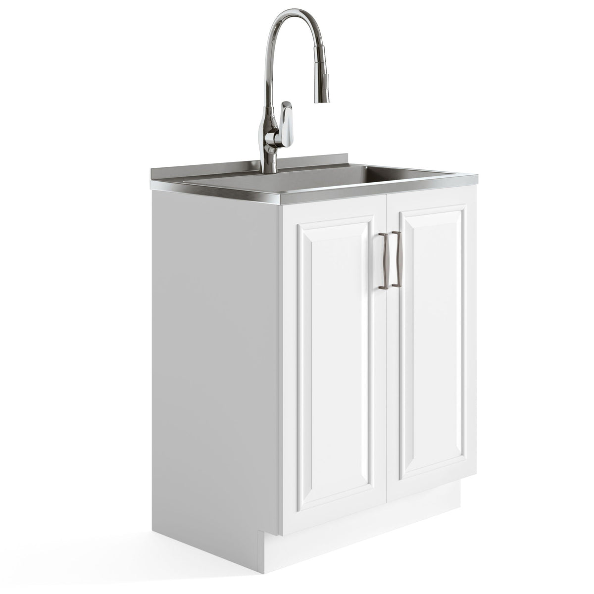 Deluxe Laundry Cabinet with Pull-Out Faucet and Stainless Steel Sink - White