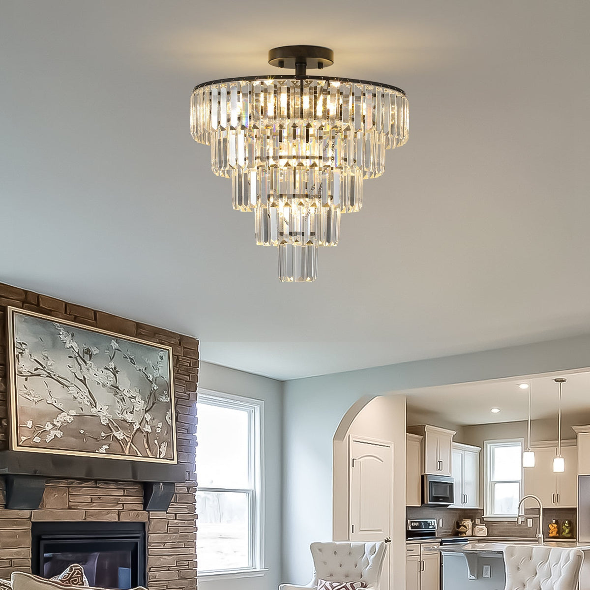 20-Inch Black Crystal Chandelier with K9 Crystals - Modern Flush Mount - Black