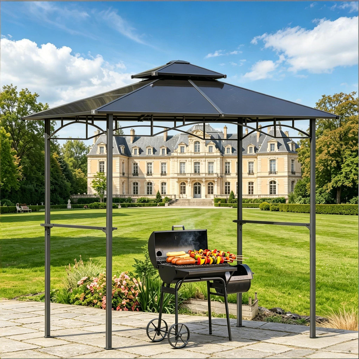 Outdoor BBQ Canopy Grill Gazebo with Steel Frame - Brown