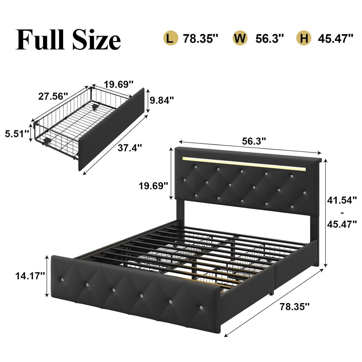 Upholstered Storage Bed Frame with LED Lights and Drawers – White or Black