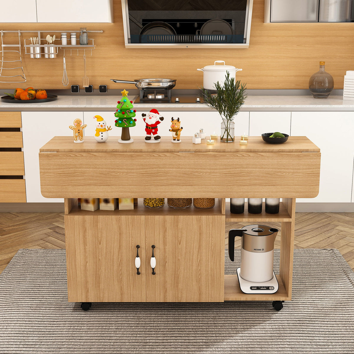 Multi Functional Folding Table with Storage Shelves and Wheels - Light Brown or Dark Brown