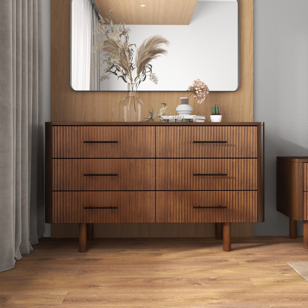 Brown 6-Drawer Dresser with Walnut Finish – Solid Wood