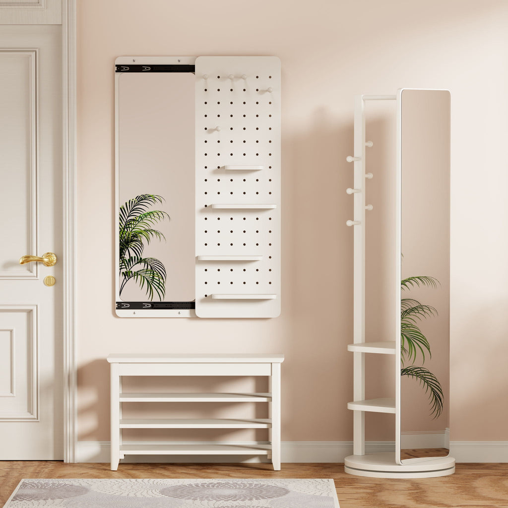Full Length Wall Mounted Mirror with Shelf and Hook - Dark Brown, White, or Light Brown