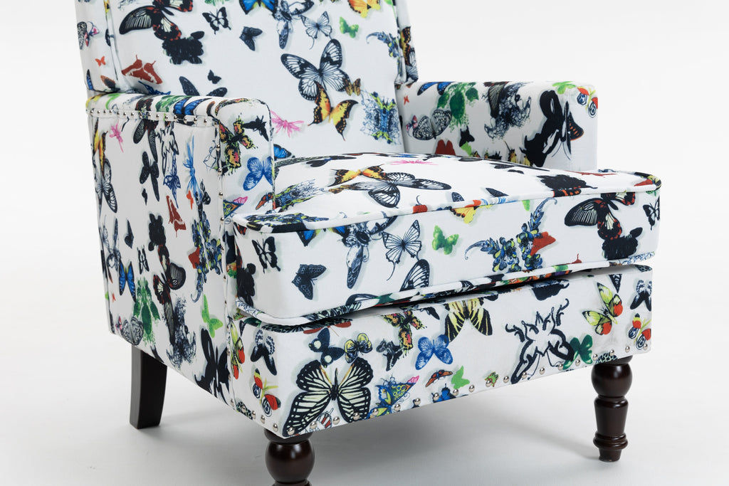 Upholstered Accent Chair with Solid Wood Legs - Vintage Armchair - Blue and White