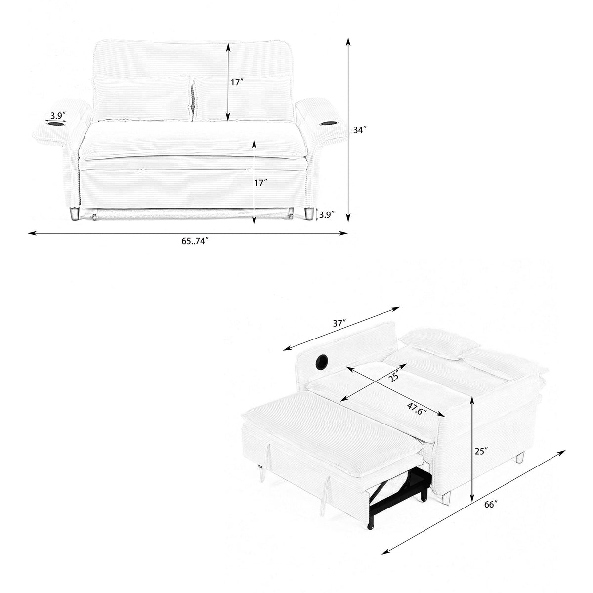 Modern Fabric Sofa Bed with Adjustable Armrests and Backrests - Multiple Colors