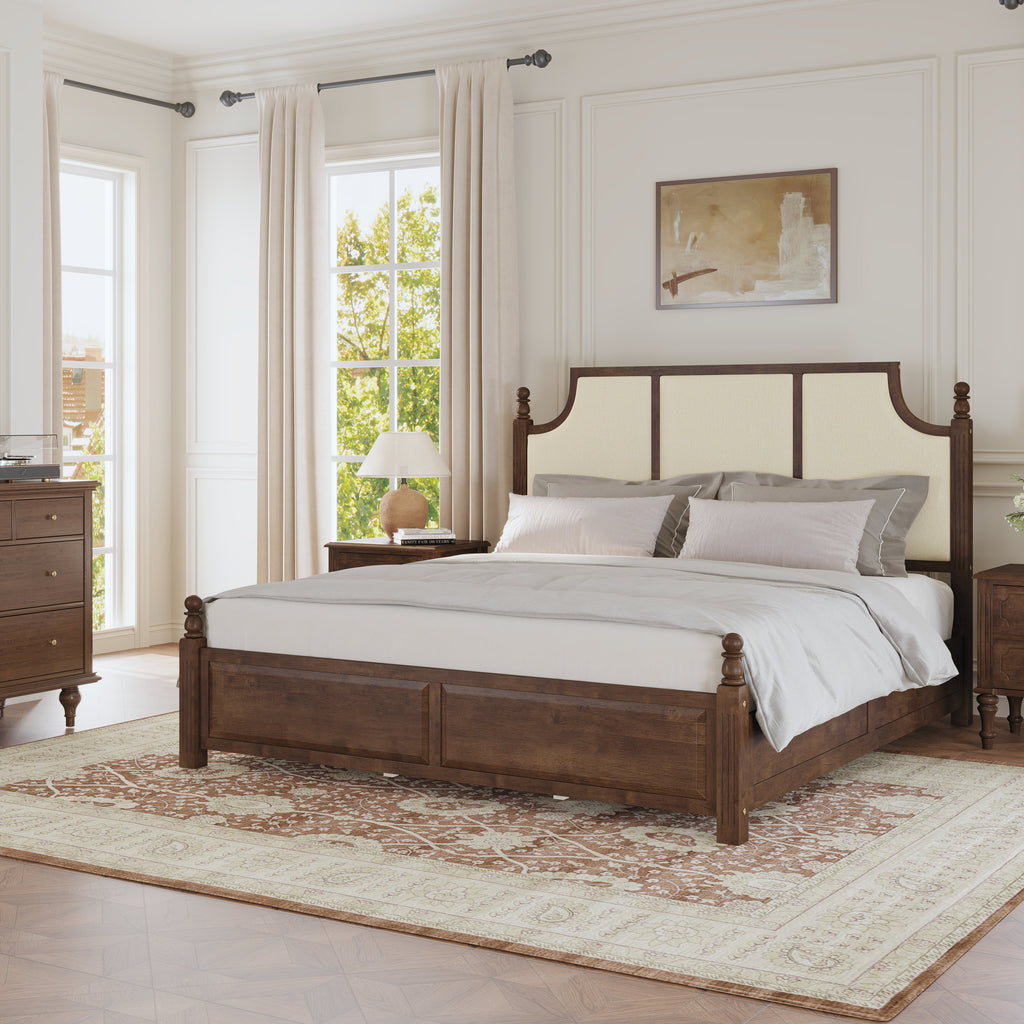 King Size Farmhouse Solid Wood Platform Bed Frame with 50.8" Tall Headboard - Walnut