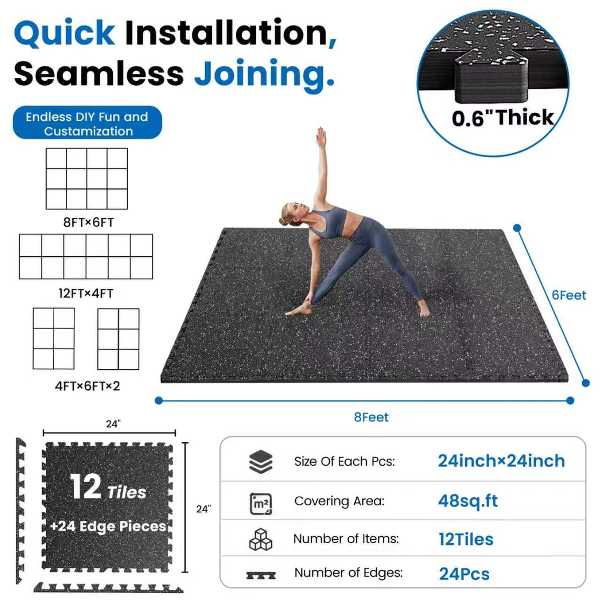 0.6 Inch Thick Interlocking Gym Floor Mats with Cushioned EVA Foam - Black White or Black+Blue