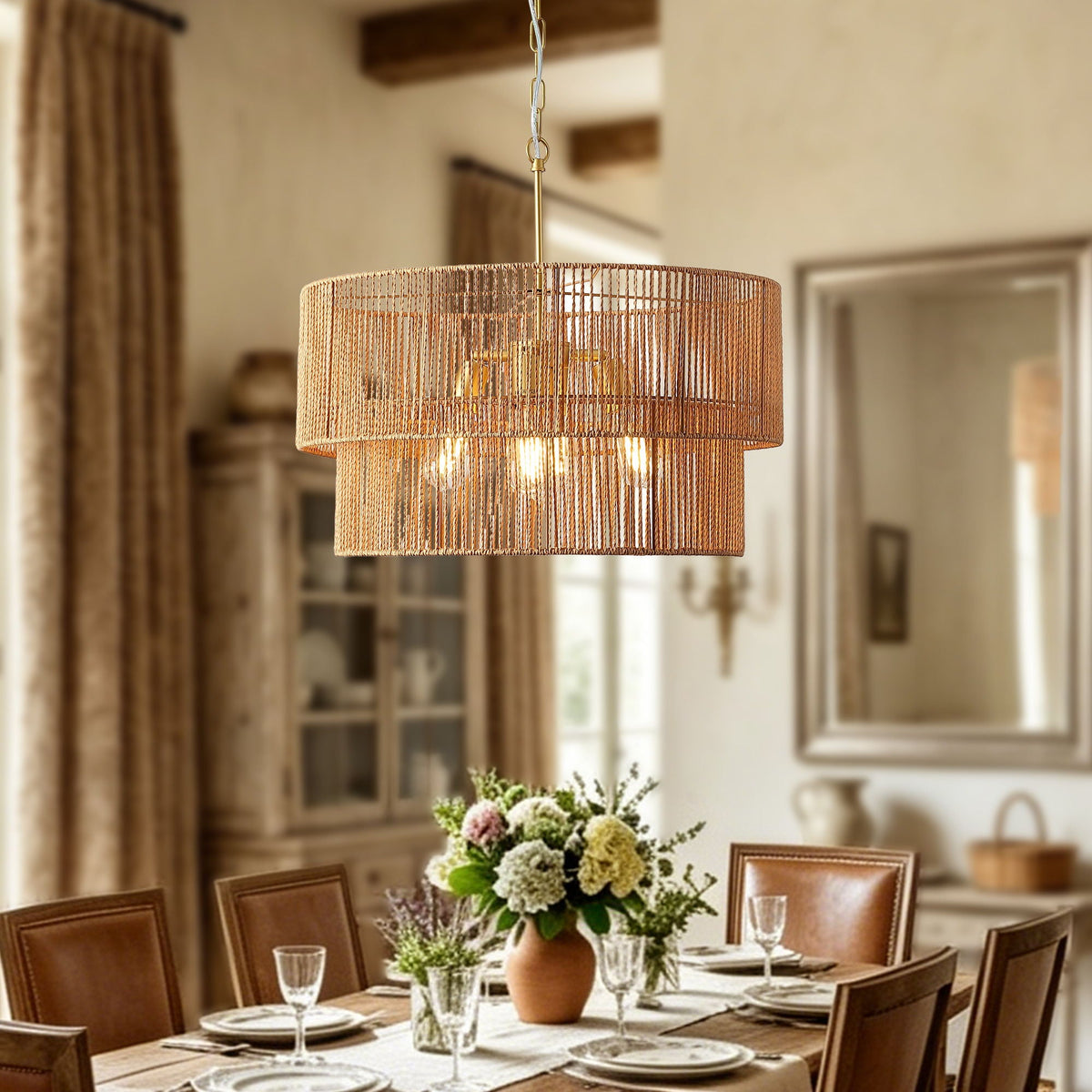 2 Tier Boho Wabi Sabi Chandelier with Handwoven Rattan Shade - Gold