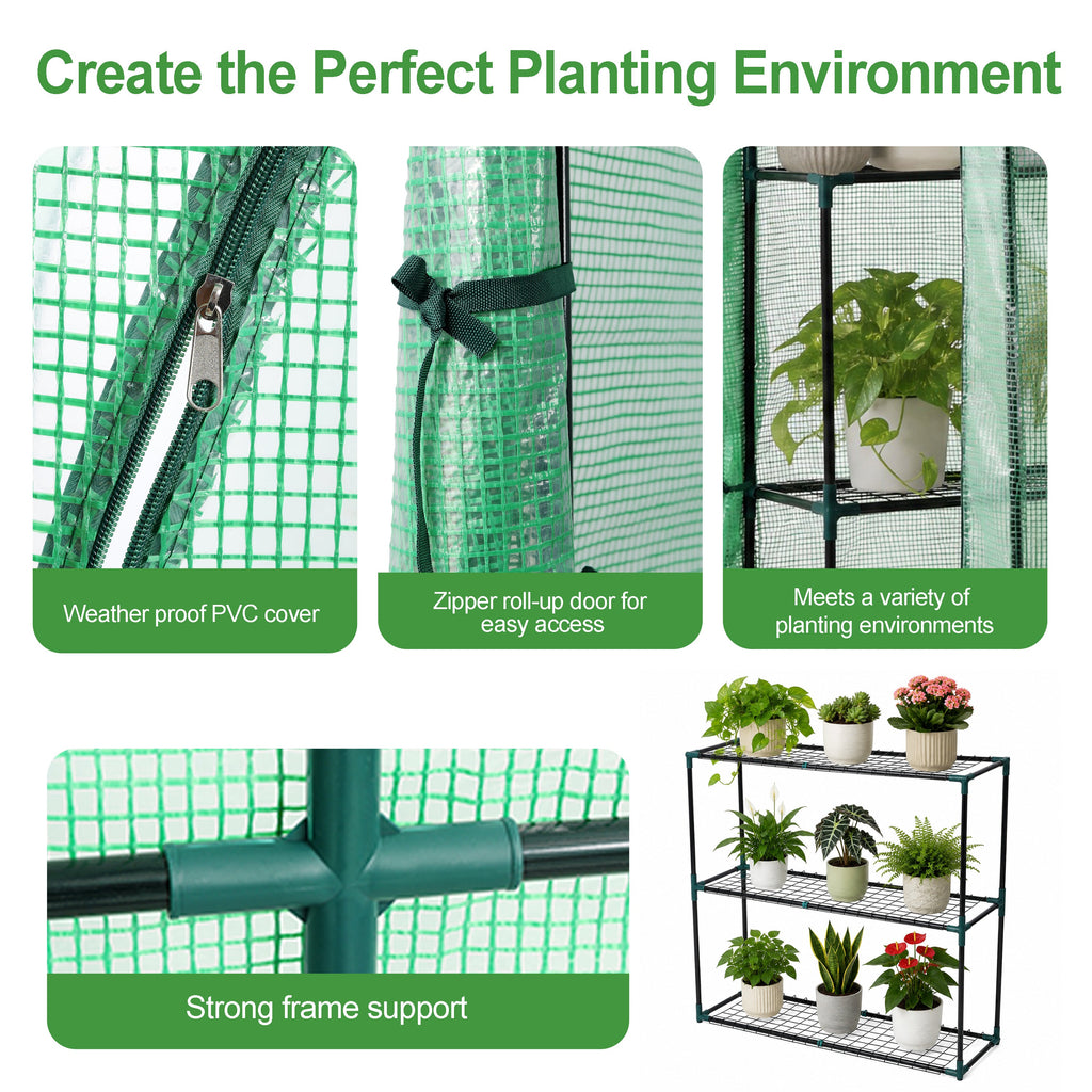 3 Tier Lean-To Portable Greenhouse with Wire Shelves - Green
