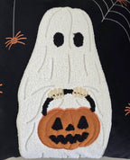 Halloween Ghost Throw Pillow with Embroidered Pumpkin Bucket - Velvet