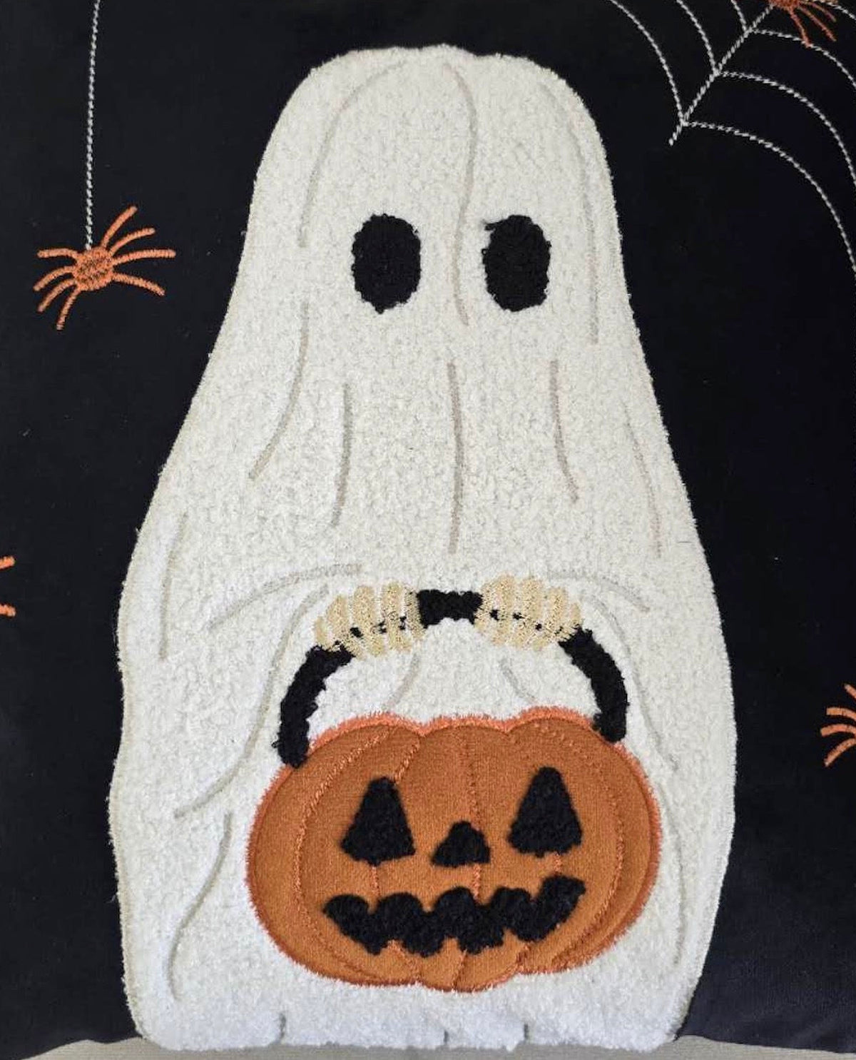 Halloween Ghost Throw Pillow with Embroidered Pumpkin Bucket - Velvet