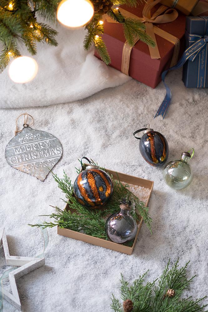 Blue Glass Christmas Ball Ornaments Set of 6 with Brass Accents
