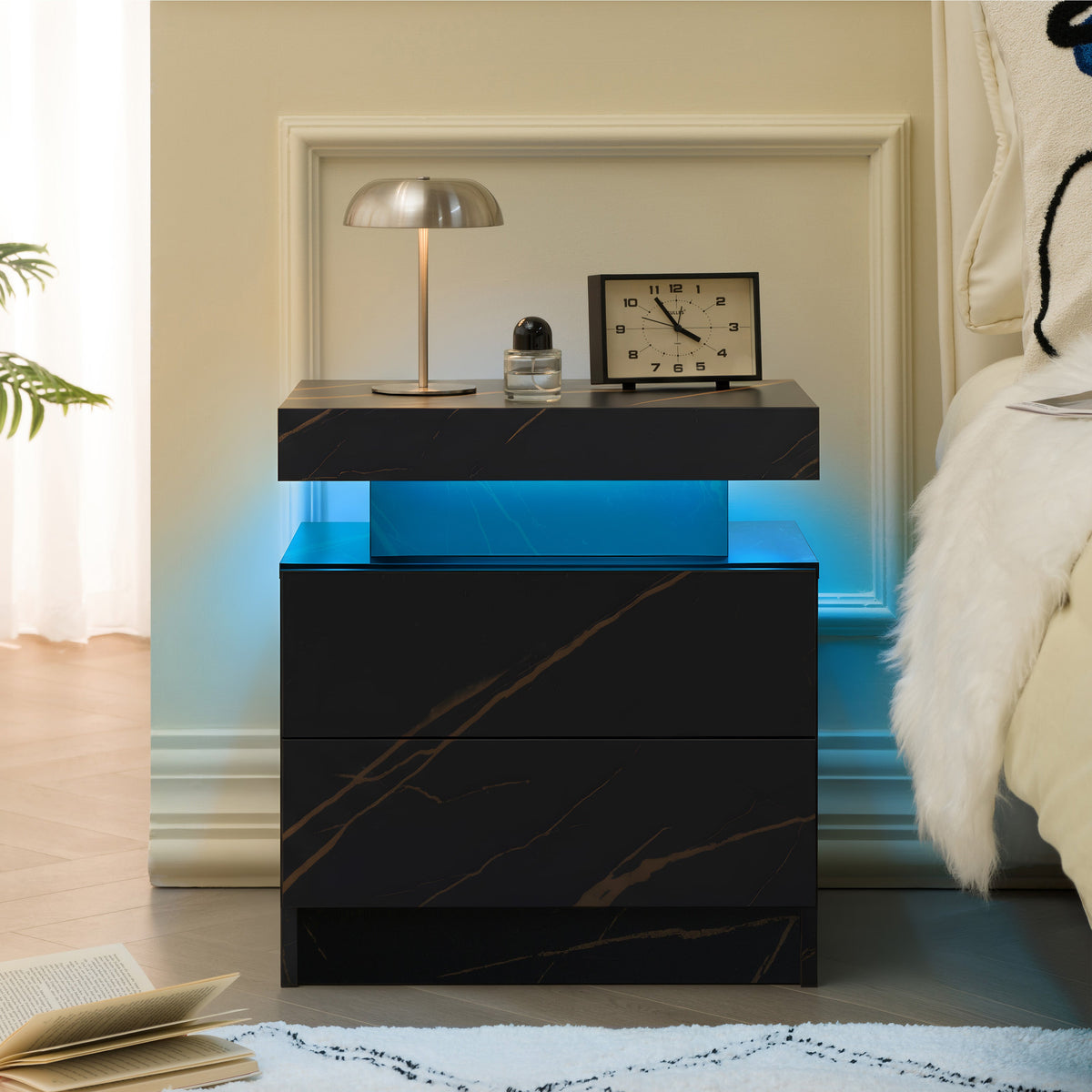 Modern LED Nightstand with Two Drawers and Adjustable Lighting - Black Gold