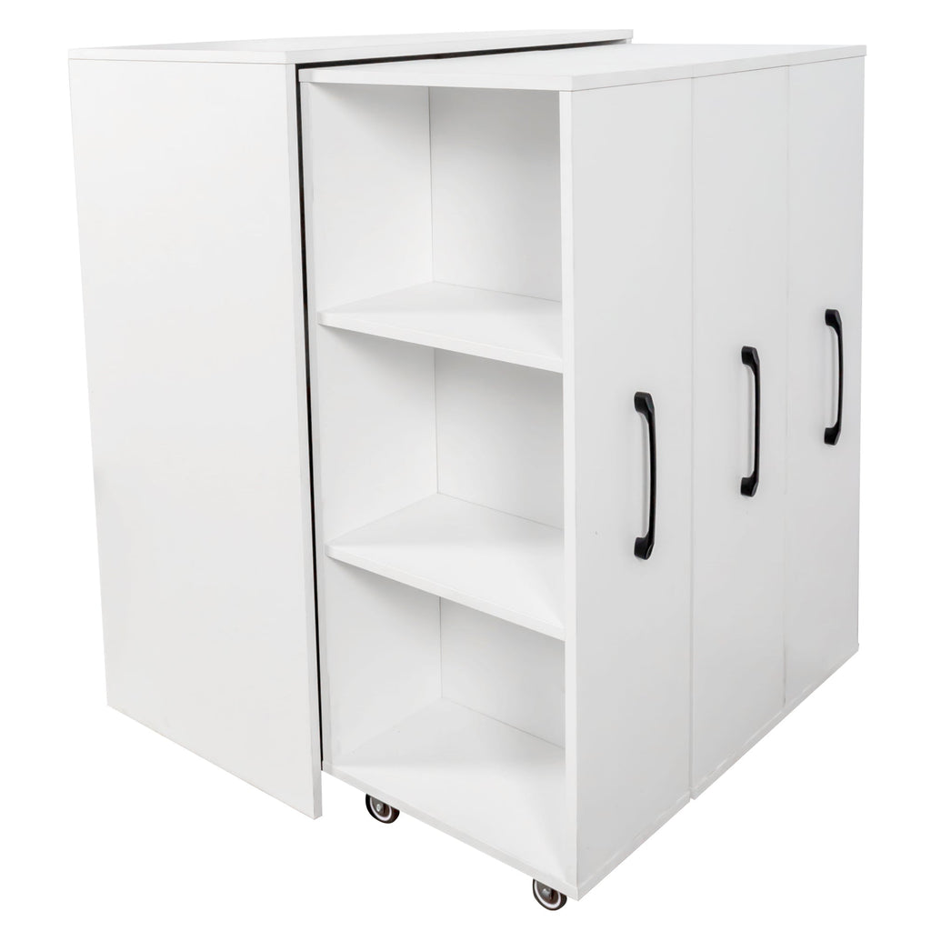 3 Tier Bookcase with Slide Out Doors and Wheels - White