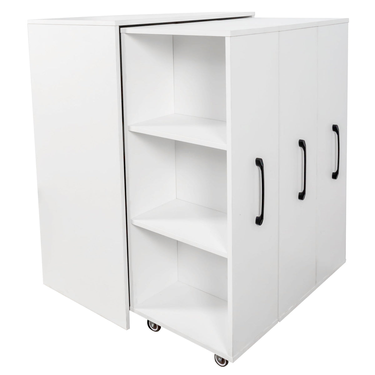 3 Tier Bookcase with Slide Out Doors and Wheels - White