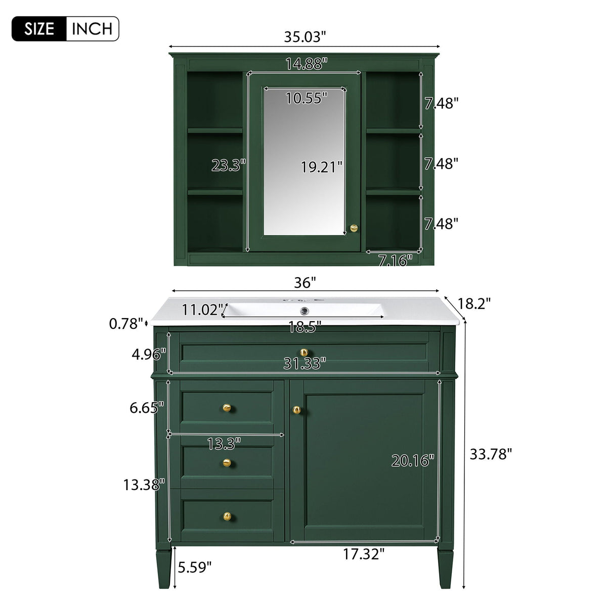 Bathroom Vanity With Mirror Cabinet and Single Sink - Soft-Closing Doors