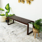 Cognac Brown Upholstered Bench with Genuine Leather Seat - Mid-Century Modern