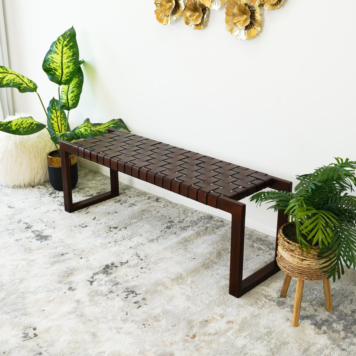 Cognac Brown Upholstered Bench with Genuine Leather Seat - Mid-Century Modern