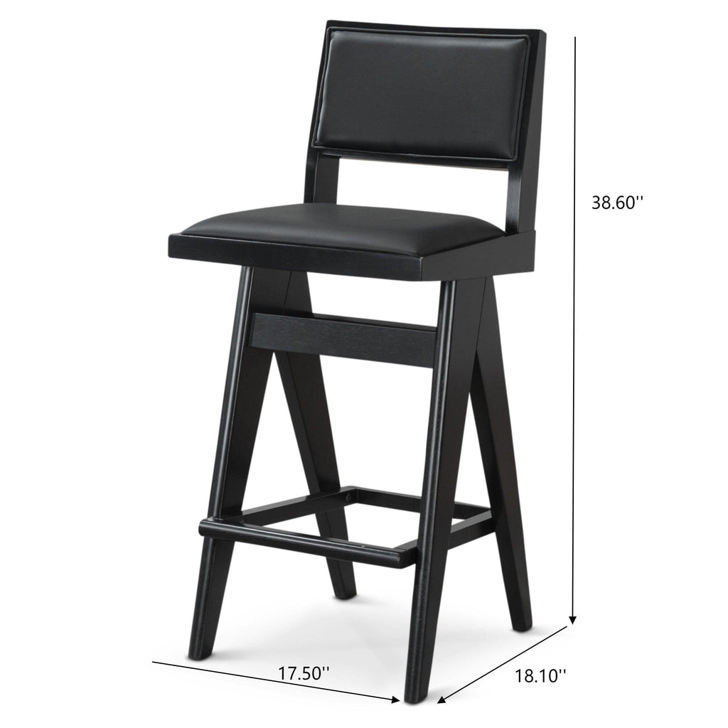 Black Bar Stools Set of 2 with Full Back Support - PU Leather