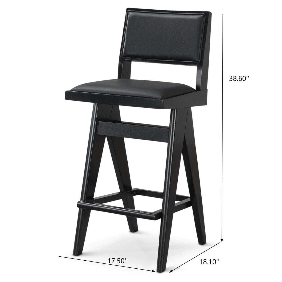Black Bar Stools Set of 2 with Full Back Support - PU Leather