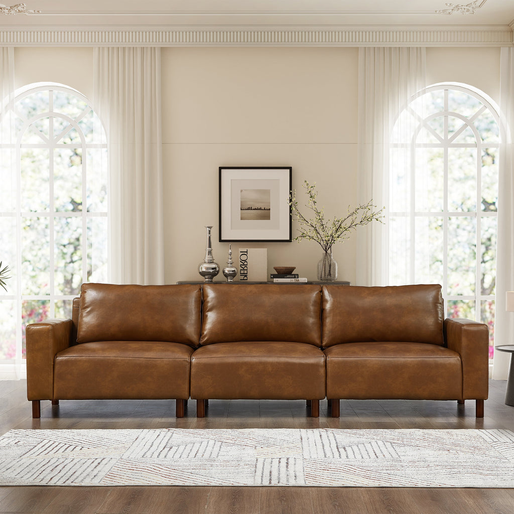 Luxury PU Leather Sofa 112" with Solid Wood Base - Brown