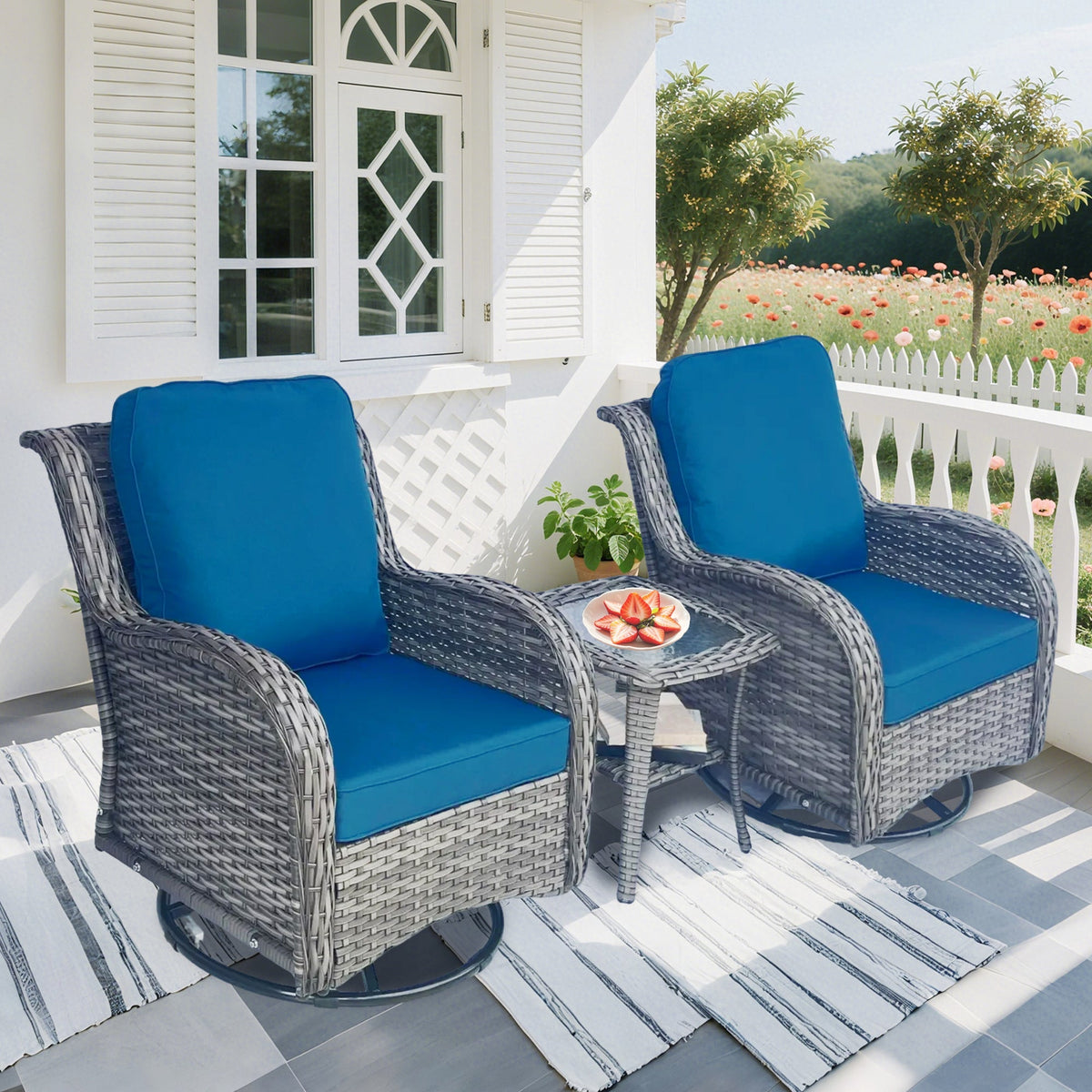 Wicker Outdoor Swivel Chairs Set with Side Table - Rattan, Weather-Resistant