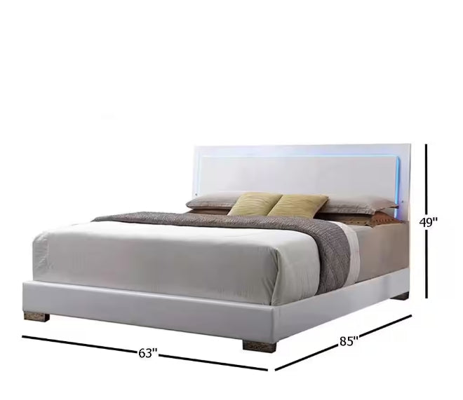 White Faux Leather Panel Bed with LED Light - White
