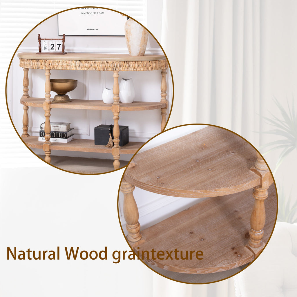 Handcrafted Wood Console Table with Hand-Woven Trim - Natural