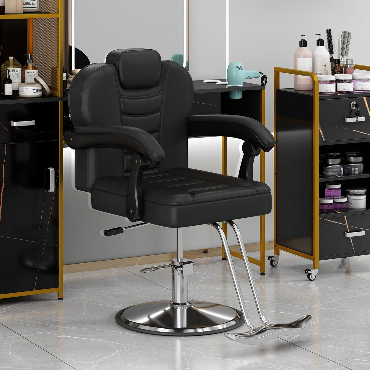Classic Reclining Barber Chair with Hydraulic Pump - Red or Black